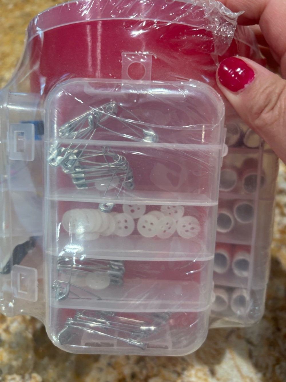 Pink Portable Thread Spool Organizer with Assorted Thread, sewing accessories - Picture 3 of 5